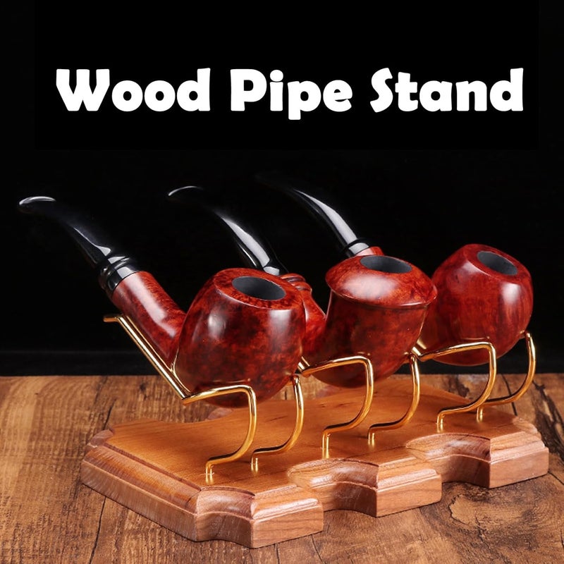 VOVCAMLS Wooden Pipe Stand Holder, Pipe Stand Display with 3 Metal Slots, Family Home Pipe Accessories - Image 2